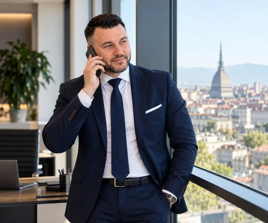 Elton Hoxha al telefono davanti alla finestra, con vista su Torino e la Mole Antonelliana